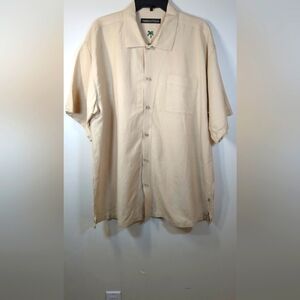Newport Blue button down short sleeve linen blend cream shirt, size XL